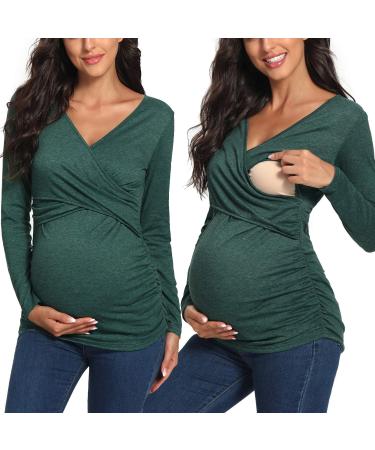 Love2Mi Maternity Nursing Shirt Short Sleeve V-Neck Breastfeeding T-Shirt Pregnancy M Pock Dark Green