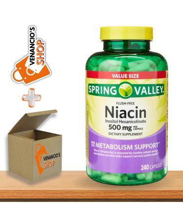 Spring Valley Vitamin B3 Niacin 500mg Flush Free Capsules Dietary Supplement and Metabolism Support Supplement *+ Includes Venancio sFridge Sticker (240 Pills)