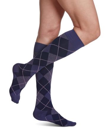 Sigvaris Women’s Style Microfiber Patterns 830 Closed Toe Calf-High Socks 20-30mmHg - Purple Argyle - Medium Short