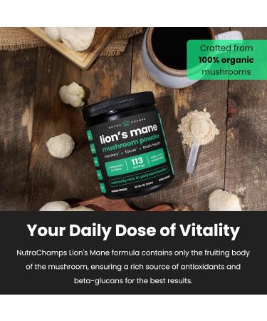 NutraChamps Organic Lions Mane Powder - 2000mg Powerful Nootropic for Memory, Focus, Immune Support - Vegan Lion s Mane Mushroom Powder Supplement with Naturally Occurring Beta-Glucans - 8oz - Buy Online on GoSupps.com