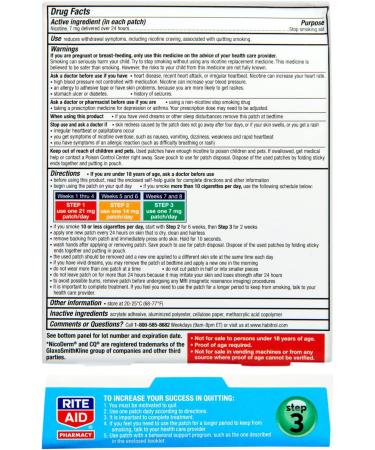 Rite Aid Nicotine Patch Step 3 - 7mg - 14 Count - Stop Smoking Aid | Transdermal Quit Smoking Patch - Buy Online on GoSupps.com