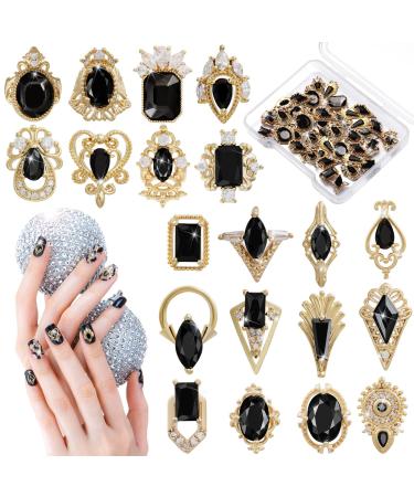 20 Pieces 3D Black Nail Charms Art Gems Kit Gold Nail Charms Metal Alloy Gold Nail Rhinestones Black Zircon Nail Diamonds Jewels Stones Decoration for Nail Beauty Design Decoration Craft Jewelry DIY