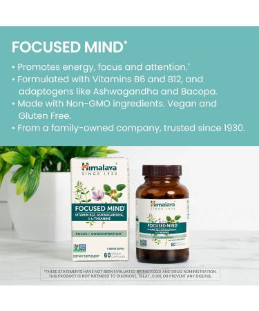 Himalaya Focused Mind Supplement with Ashwagandha Bacopa & L-Theanine for Attention Focus and Energy Support 60 Vegan Capsules Gluten Free 1 Month Supply - Buy Online on GoSupps.com