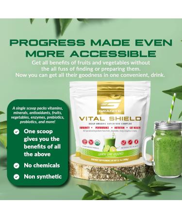 Granite Nutrition Vital Shield - USDA Organic Superfood Greens with Mushrooms & Tart Cherry Supports Energy Immune Function & Digestive Health Lemon Lime Flavor (30 Servings) Lemon Lime Greens - Buy Online on GoSupps.com