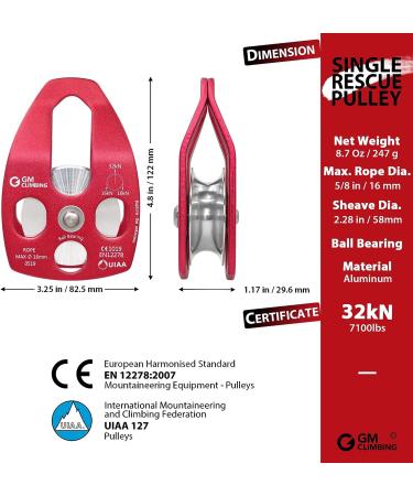 GM CLIMBING 32kN UIAA Certified Large Rescue Pulley - Red | CE/UIAA Single/Double Sheave with Swing Plate - Buy Online on GoSupps.com