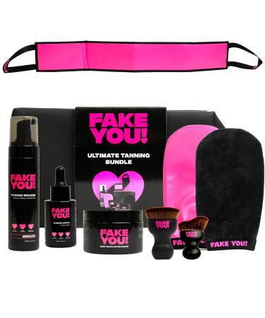Fake You! All-in-One Ultimate Tanning Kit Bundle Includes Tanning Mousse Tanning Drops Back Applicator Exfoliating Mitt and Fake Tan Gloves Perfect for Seamless Self-Tanning Fake You! Ultimate Tanning Bundle