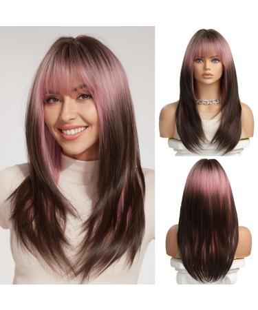 Oefei pink brown ombre wig with pony long straight wigs to women layered wigs synthetic heat -resistant wigs for daily party cosplay - Buy Online on GoSupps.com
