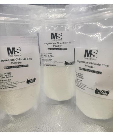 MS Finechem Magnesium Chloride USP (Pharmaceutical Grade) Hexahydrate Cloruro de Magnesio Comestible Powder - 300gm (10.5oz) - 3pack