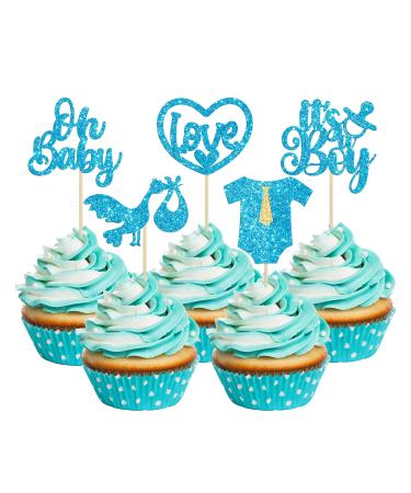 Gyufise 30Pcs Baby Shower Cupcake Toppers Glitter Tie Onesie Love Heart Oh Baby Cupcake Picks It's a Boy Cake Decorations for Baby Shower Gender Reveal Kids Boys Birthday Party Supplies Blue Boy Blue-1