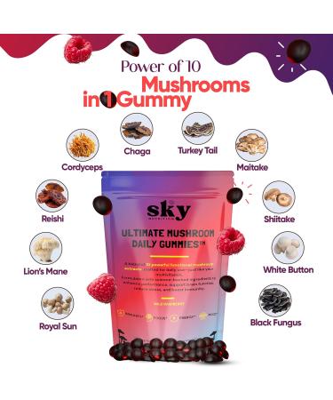 SKY NUTRITION Mushroom Gummies - 10-in-1 Adaptogenic Mushroom Supplement for Adults - Lions Mane, Reishi, Cordyceps, Chaga, Turkey Tail - Raspberry Flavored Vegan Gummies for Focus & Energy - 60 Ct. - Buy Online on GoSupps.com