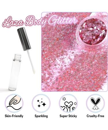 Laza Body Glitter Set - Iridescent Chunky Sequins with Glitter Glue for Women, Festival & Party Makeup, Hair & Outfit Accessories - Pink - Buy Online on GoSupps.com
