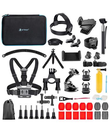 Artman Action Camera Accessories Kit for GoPro Hero 11 10 9 8 7 6 5 Black, Head Chest Strap+360Wrist Strap+Bike Mount+Suction Cup+Floating Grip Bundle Set 58 in 1