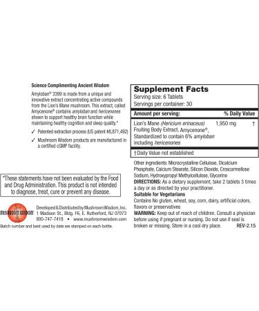 Mushroom Wisdom Lion's Mane Amyloban 180 Tablets - Cognitive Support Supplement - Buy Online on GoSupps.com
