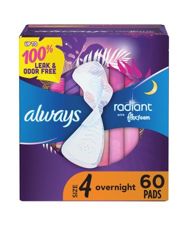 Always Radiant Feminine Pads For Women, Size 4 Overnight Absorbency, Multipack, With Flexfoam, With Wings, Scented, 20 Count X 3 Packs (60 Count Total)
