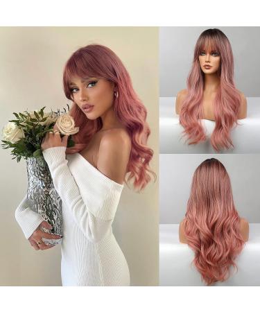 Honybia wig pink with pony - ombre pink wigs for women long wavy women Natural realistic realistic synthetic heat -resistant hair for carnival/costumes/Mottoparty ombre pink blond