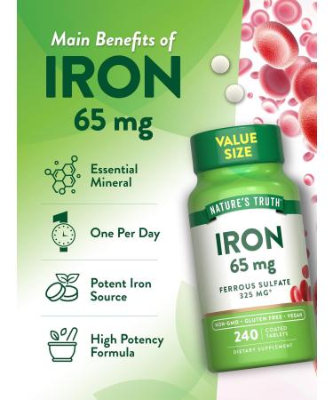 Nature's Truth Iron Tablets 65mg | 240 Count | 325mg Ferrous Sulfate | Vegan Non-GMO & Gluten Free Supplement - Buy Online on GoSupps.com