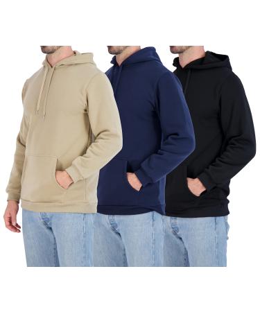3 Pack: Men's Plush Fleece Pullover Hoodie - Long Sleeve Hooded Sweatshirt Kangaroo Pockets (Available in Big & Tall) Fleece Standard Large Set 3