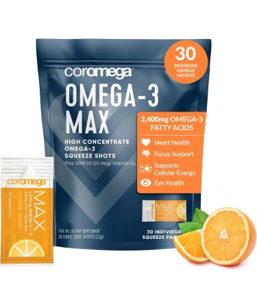 Coromega MAX High Concentrate Omega 3 Fish Oil, 2400mg Omega-3s with 3X Better Absorption Than Softgels, 30 Single Serve Packets, Citrus Burst Flavor; Anti Inflammatory Supplement with Vitamin D Citrus Burst 30 Count (Pa