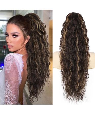 PORSMEER 28 inches Ponytail Extension Black Mixed Blonde Long Beach Wave Drawstring Clip in Pony Hair Extension Synthetic Pony Tail Hairpiece for Women