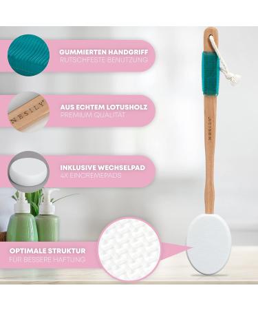NESILY Cream Aid for Back | 4 Pads Included | 39 cm Long Wooden Handle | Ideal Self-Application | Back Cream Brush & Aid | Perfect for Bathing - Buy Online on GoSupps.com
