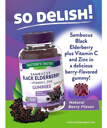 Nature's Truth Sambucus Black Elderberry Gummies with Vitamin C & Zinc - 50 Vegan Gummies - Buy Online on GoSupps.com