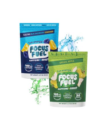 FocusFuel Energy Chews Variety Pack Blue Razzberry Lemonade & Green Apple Flavors (2-Pack 30 Servings Total) 100mg Natural Caffeine + Nootropics Sharp Focus No Crash or Jitters