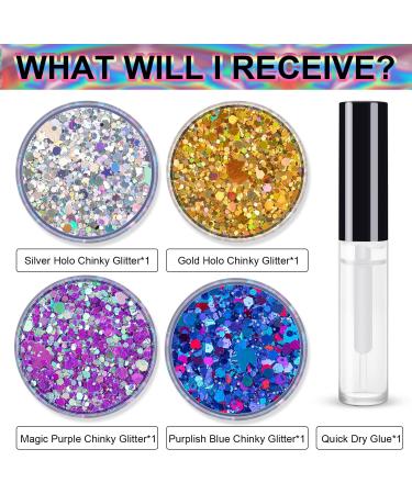 Buy Holographic Chunky Glitter Set Silver Gold Magic Purple & Blue Perfect for Festivals Carnival & Rave Includes 4 Pots & Quick Dry Primer Glue Gel - Buy Online on GoSupps.com