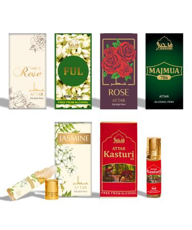 Dukhni Floral Attar Oil Set | Authentic Arabian Perfume Oils | Alcohol-Free Halal Ittar Blends | Majmua 786 Jasmine Rose White Rose Kasturi XX Attar Ful - 6ml Each