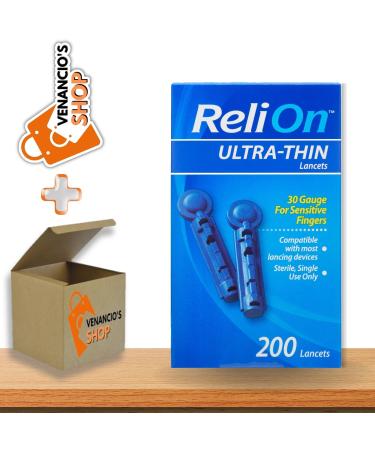 ReliOn Ultra Thin Lancets 30 Gauge Designed to be Comfortably Used Even for Sensitive Fingers + Includes Venancio sFridge Sticker (200 count - Pack of 1) 200 Count (Pack of 1)
