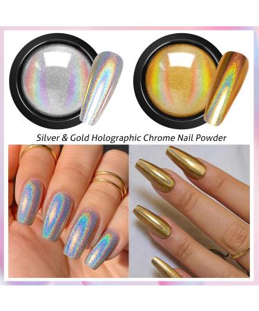 Gold & Silver Chrome Nail Powder - 12 Iridescent Holographic Colors | Metallic Mirror Effect for Stunning Nail Art - Buy Online on GoSupps.com