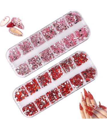 Nail Gems 2 Plates Rhinestones for Nail Art 2 Colors 12 Grids Different Shape 3D Nail Art Gems with Rhinestone Picker Dotting Pen for Professionals Beginners Nails Salon Clothes Craft Style1 red + as shown - Buy Online on GoSupps.com