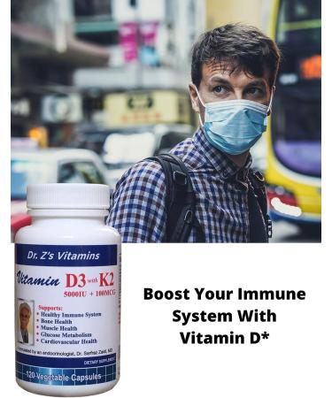Dr. Z's Vitamin D3 K2 Supplement - 5000 IU D3 + 100 MCG K2 MK-7 - Immune Support - 120 Capsules - Buy Online on GoSupps.com