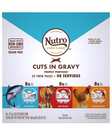 NUTRO Perfect Portions Grain Free Natural Wet Cat Food, Cuts in Gravy, 12 and 24 Count Twin-Packs Variety: Beef, Tuna, Chicken 1.32 Ounce (Pack of 48)