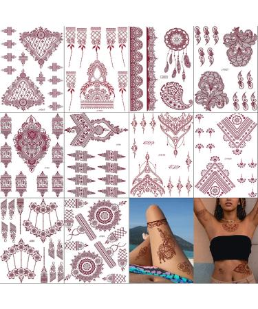 PPVWEY 10 Sheets Henna Tattoos Temporary Henna Stickers 10Pcs Brown Tattoo Stickers Women Body Art Stickers for Wedding Party(10pcs Brown)