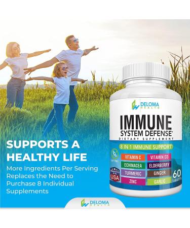 8-in-1 Immune System Support: Vitamin C, D3, Zinc, Elderberry, Echinacea, Turmeric, Ginger, Garlic - 1000mg, 5000iu, 40mg, 250mg, 40mg, 100mg, 150mg, 150mg - Buy Online on GoSupps.com