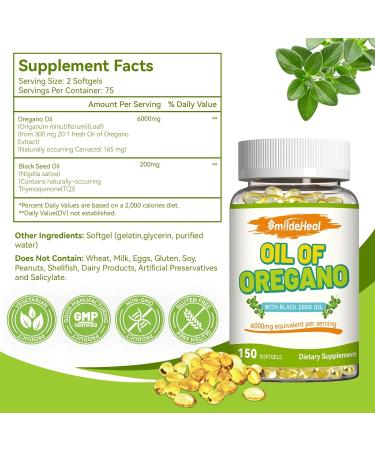SmildeHeal Oregano Oil 6000mg with Black Seed Oil 200mg High Strength Softgels with 165mg Carvacrol & Thymoquinone Immune Antioxidant & Digestive Support 150 Softgels 75-Day Supply - Buy Online on GoSupps.com