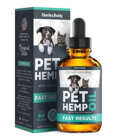Charlie & Buddy Hmp Oil Dogs Cats - Helps Pets with nxiety, Pin, Strss, Slp, rthritis, Sizures Rlief - ip Jint Halth - 100 Natural Pure Drops, Organic Clming Trats