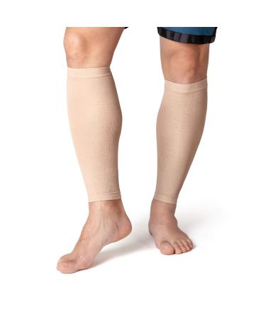 Calf Compression Lycra Sleeve - Multi Levels of Compression - TRIZONE Ankle Support - Beige - MediumLarge - 1 Pair Beige Medium Large (34-42cm Calf Circumference)