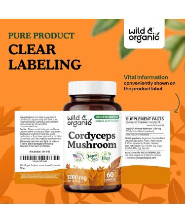 Wild & Organic Cordyceps Mushroom Capsules 1200 mg - Immune Support - Cordyceps Mushroom Powder Supplement - Pure Mycelium Extract - Vegan No Fillers Non-GMO - 60 Count 60 Count (Pack of 1) - Buy Online on GoSupps.com