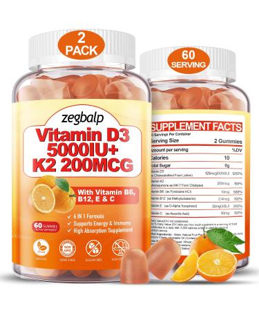 2Packs Vitamin D3 K2 Gummies for Adults, Sugar-Free Vitamin D3 5000IU + K2(MK-7) 200mcg Supplement with Vitamin B Complex & Vitamin C E Supports Bone, Muscle, Teeth & Immune, Vegan, Gluten Free 120 Count