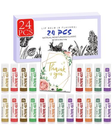 24 Pack Lip Balm Natural Lip Balm Bulk with Vitamin E and Coconut Oil Moisturizing Soothing Chapped Lips-8 Flavors B-24P