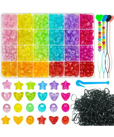 Wavlakth 1680 Pcs Pony Beads Heart Star Hair Bead for Girl Braid  Acrylic Star Heart Glitter Sparkle Large Hole Pony Beads with Elastic Rubber Band Threaders Kit for Hair Bracelets Jewelry Making