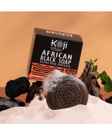 Koji White African Black Soap Bar - Exfoliating & Brightening Face & Body Wash with Shea Butter Kojic Acid & Aloe Vera - Vegan & Paraben-Free (2 Bars - Buy Online on GoSupps.com
