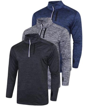 Liberty Imports Pack of 3 Men's Performance Quarter Zip Pullovers with Pockets Quick Dry Active Long Sleeve Shirts Black/Gray/Navy 3X-Large