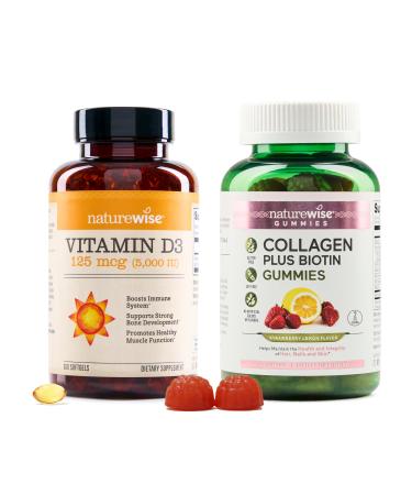 NatureWise Vitamin D3 5000IU (125mg) 360-Count + Collagen Gummies with Biotin & Vitamin C E 60-Count - Bundle for Immune & Bone Hair Skin Nails Support - Gluten Free Soy Free Non-GMO