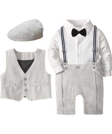 mintgreen Baby Boy Romper Suits Infant Gentleman Jumpsuit Bow Tie Waistcoat Outfits 9-12 Months Light Grey