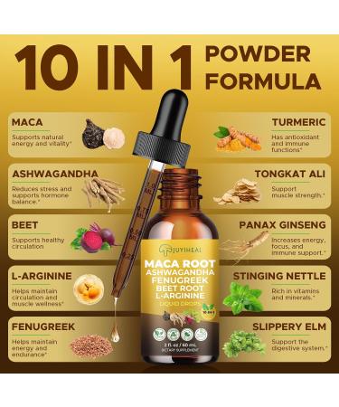 JUYIHEAL 10-in-1 Maca Root Liquid Drops with Ashwagandha Nettle Fenugreek Beet Root and L-Arginine Maca Tincture for Overall Support - 2 fl oz - Buy Online on GoSupps.com