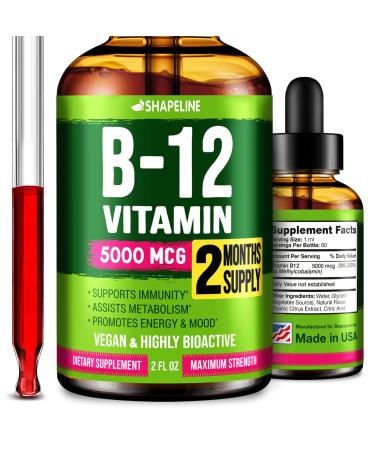 SHAPELINE Vitamin B12 Sublingual 5000 mcg Drops - Made in USA - Highly Bioactive B12 Vitamins for Energy Support & Immunity Aid - Vegan Methylcobalamin B12 Liquid Drops 2 Fl Oz 2 Fl Oz (Pack of 1)