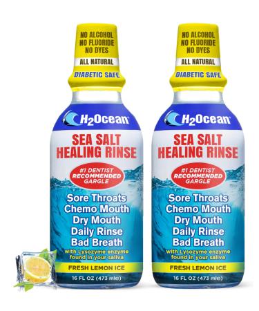 H2Ocean Healing Rinse Natural Sea Salt - Mouth Rinse for Oral Care & Tonsil Stones - Great for Piercings Sore Throats & Gum Health - Alcohol- & Fluoride-Free Mouthwash - Lemon Ice 16 oz (Pack of 2)