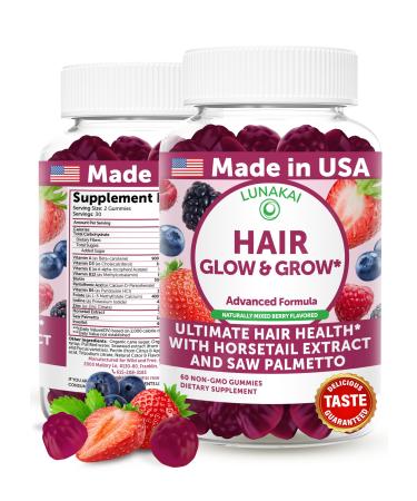 Lunakai USA Made Super Hair Gummies with Biotin Zinc Horsetail Extract & Saw Palmetto - Hair Growth Vitamins for Women & Men Supports Thicker Longer Stronger Tresses Skin & Nails 60ct Super Hair - Mixed Berry 60 Cou